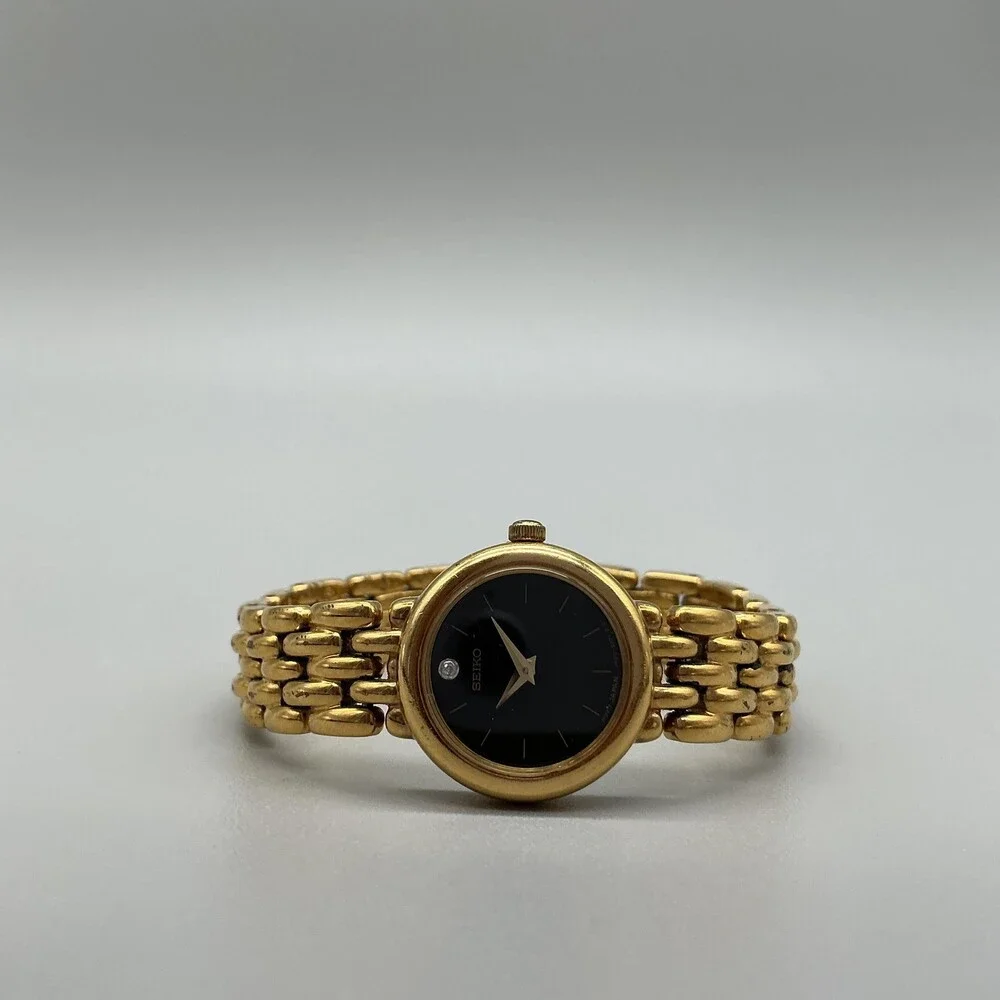 Vintage Seiko V400-0999 Womens Watch 20mm Black Dial Gold New Battery 6.75